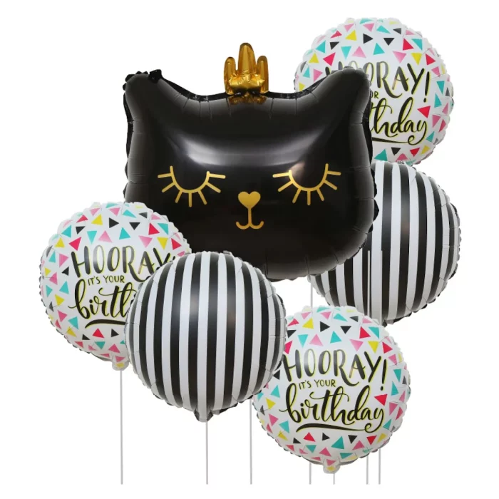 Kit com 6 balões Mylar de alta qualidade em preto vibrante.Com um design original de gato coroa