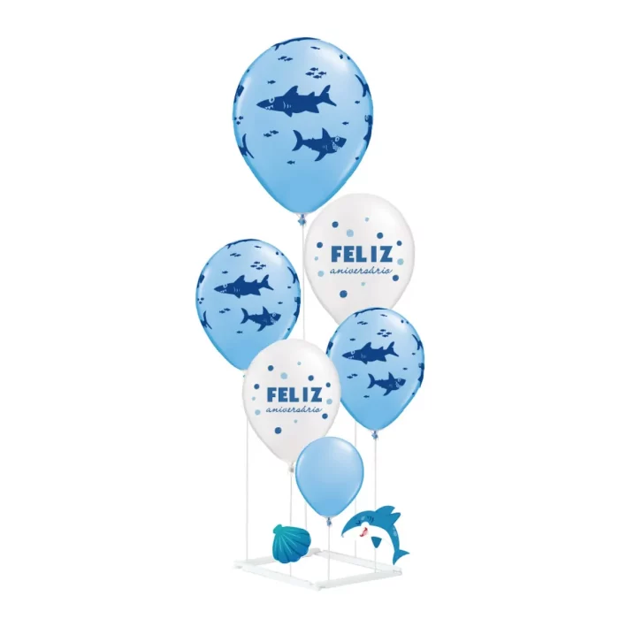 Divirta-se com este incrível kit de balões em formato de tubarão. Perfeito para festas e decoração.