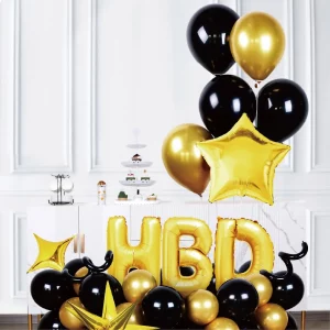 Este kit de balões preto e dourado adiciona elegância e sofisticação à sua celebração de aniversário. Contém 57 peças para cobrir as necessidades da sua festa.Um pacote completo para a decoração de festas