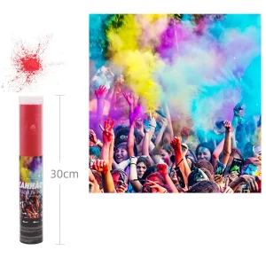 Este canhão de pó Holi vermelho mede 30cm