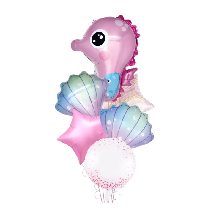 Este conjunto inclui 6 balões Mylar rosa com estampa de cavalo-marinho.Ideal para comemorações de aniversário