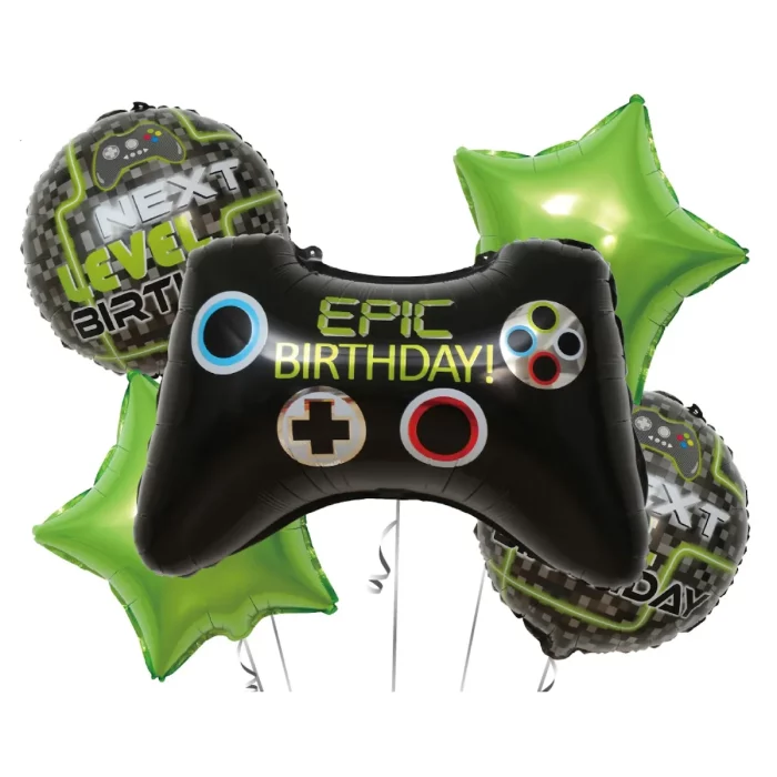 Balões de Aniversário: Este kit inclui 5 balões no design de controle de jogo