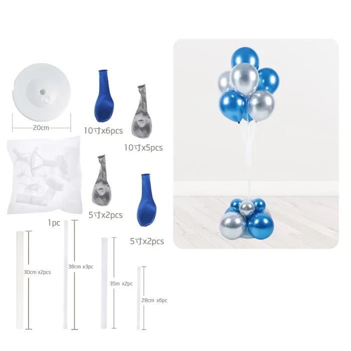 O kit contém 7 peças de suportes de balões azuis de metal de alta durabilidade.Ideal para festas de aniversário