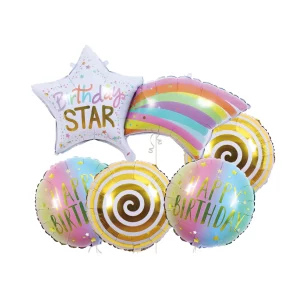 Este Kit de Balões Mylar coloridos é perfeito para ocasiões de aniversário. Cada pacote vem com 5 balões