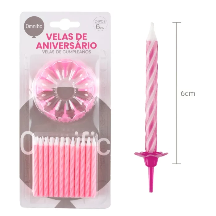 Kit inclui 24 velas de aniversário rosa