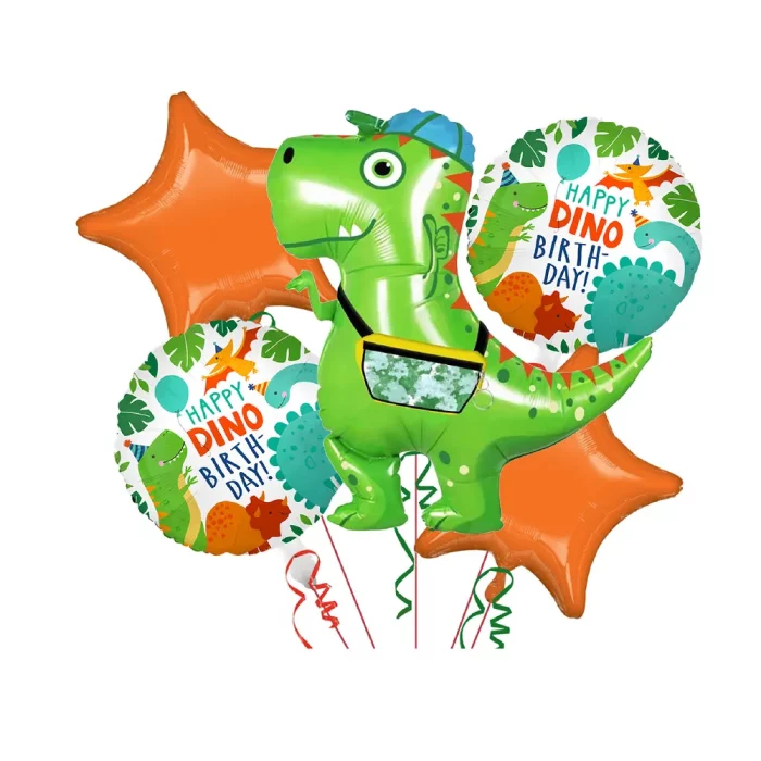 Este kit de aniversário contém 5 balões mylar com padrão Dino