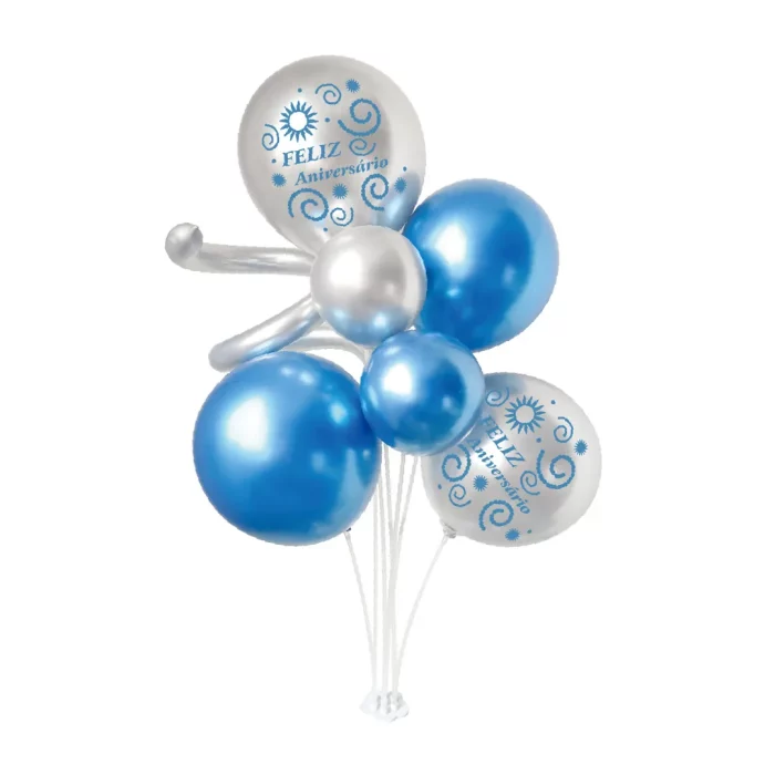 Este é um kit completo de balões perfeito para todas as suas necessidades de decoração de aniversário.O kit vem com 7 balões azul prateado com design de flor de ameixa