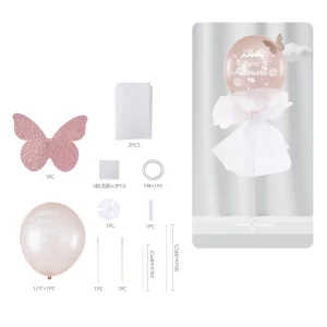 O kit inclui balões de cor rosa vermelha