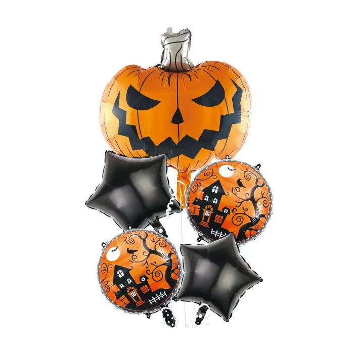 Este kit de balões de Halloween inclui cinco balões de alumínio com design de abóbora. São perfeitos para decorações de Halloween