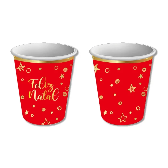 Estes copos de papel com estampa dourada são perfeitos para adicionar um toque de elegância às suas festas de Natal. Feitos com material resistente