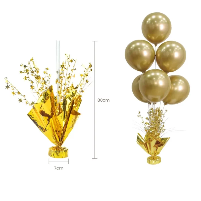 Decoração impressionante: O Suporte de Balões Dourado adiciona um toque de luxo e sofisticação a qualquer festa ou evento. Sua cor dourada radiante chama atenção e complementa perfeitamente outras decorações. 2. Uso versátil: Ideal para noivados