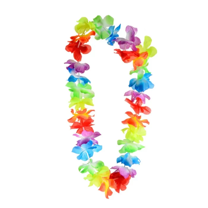 Um colar resplandecente com flores havaianas multicoloridas