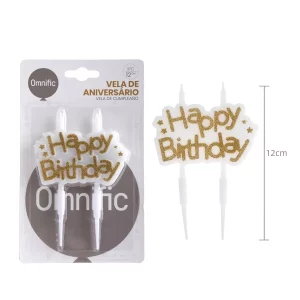 Design excepcional: A Vela de Aniversário Dourada JW2088C traz um design único da palavra 'Feliz Aniversário'
