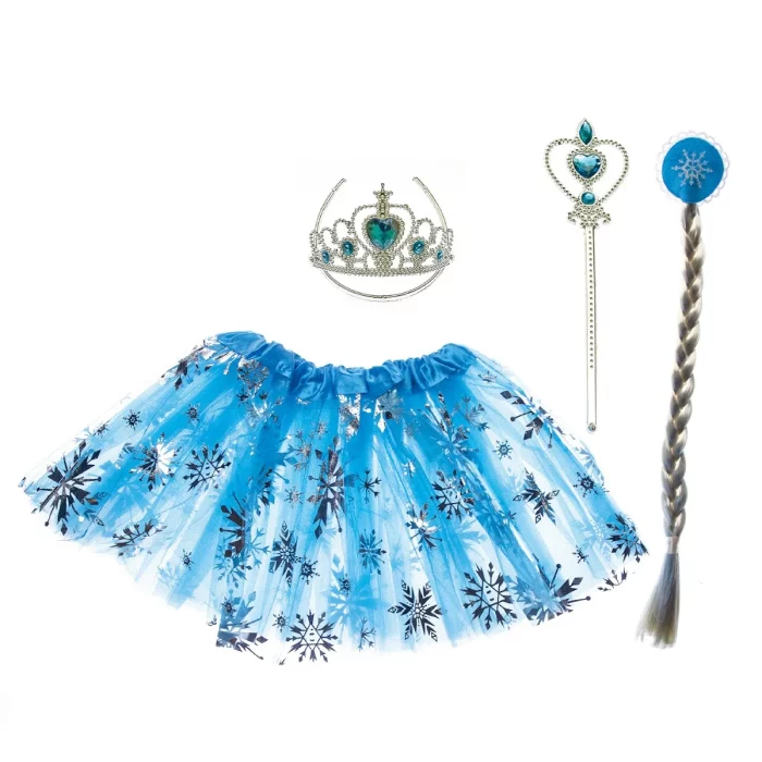 Este kit inclui um vestido de princesa de gelo de luxo em azul claro