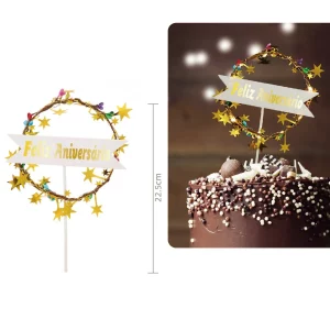 Deslumbrante topo de bolo estrelado dourado com luzes incorporadas para dar um efeito cintilante à sua festa de aniversário.Cada pacote contém uma única peça