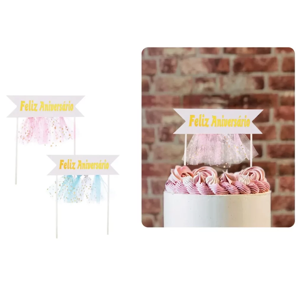 Topo de Bolo Feliz Aniversário com um design elegante e padrão expressivo