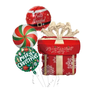 Surpreenda seus entes queridos neste Natal com este kit de balões Mylar. Composto por 4 balões decorativos em formato de Natal