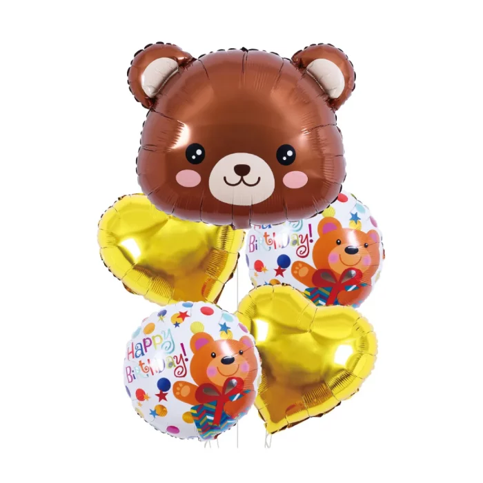 Este kit inclui 5 balões Mylar de alta qualidade com formato de cabeça de urso