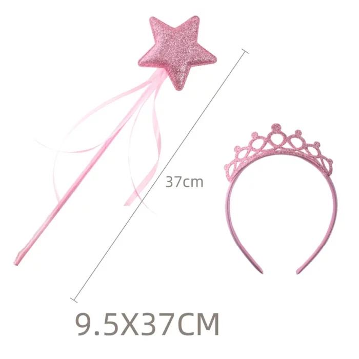 Este kit inclui uma coroa deslumbrante de cinco estrelas e uma varinha mágica
