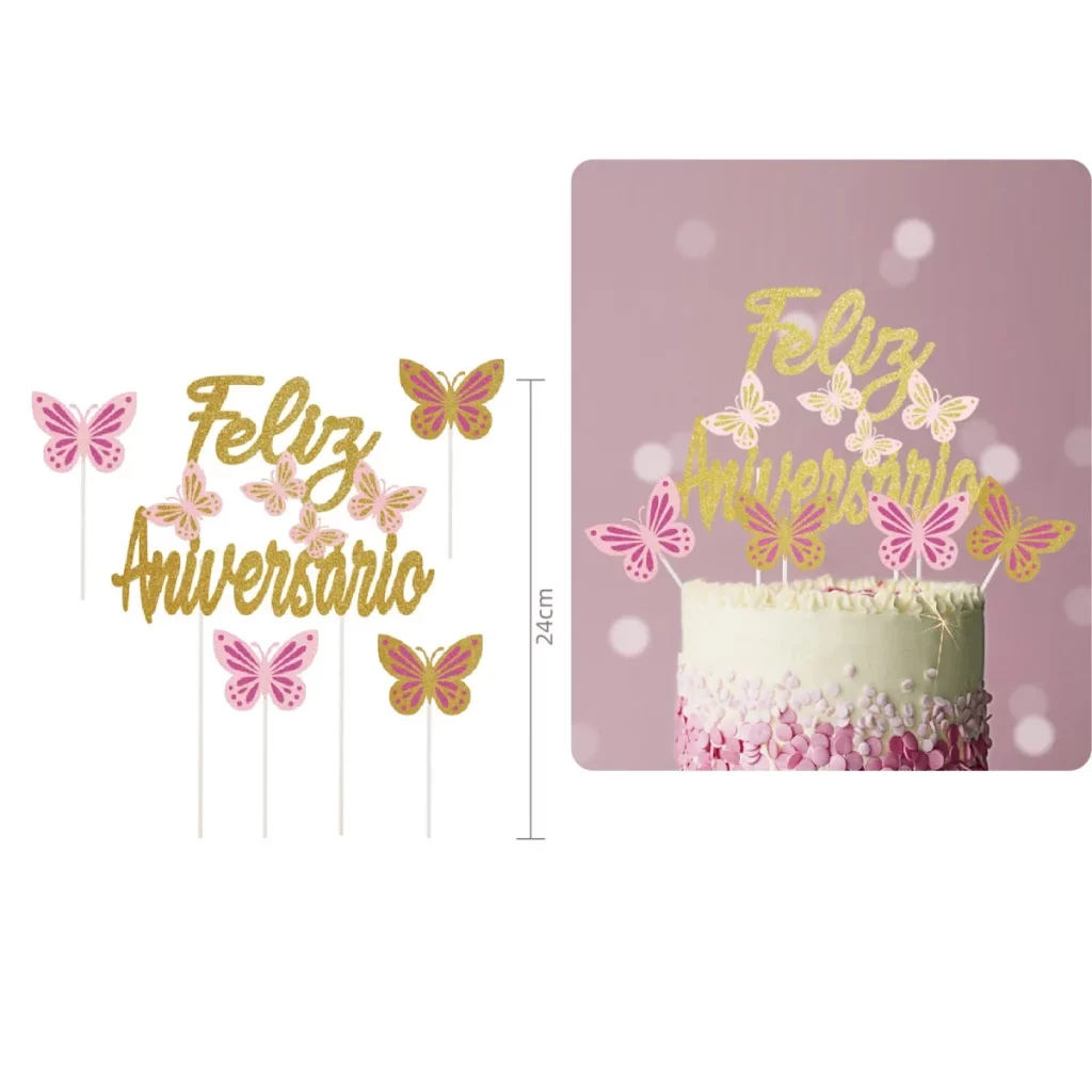 Topo de bolo de aniversário com um design dourado brilhante.O pacote inclui 5 topos de bolo para sua conveniência.Padrão apresenta a frase portuguesa para 'Feliz Aniversário'. Decore o bolo de aniversário com estes tops dourados e faça a festa brilhar!