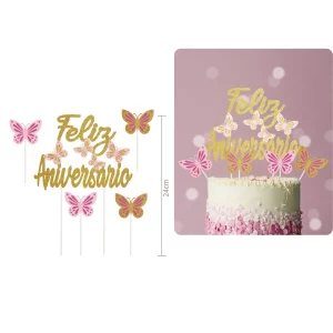 Topo de bolo de aniversário com um design dourado brilhante.O pacote inclui 5 topos de bolo para sua conveniência.Padrão apresenta a frase portuguesa para 'Feliz Aniversário'. Decore o bolo de aniversário com estes tops dourados e faça a festa brilhar!