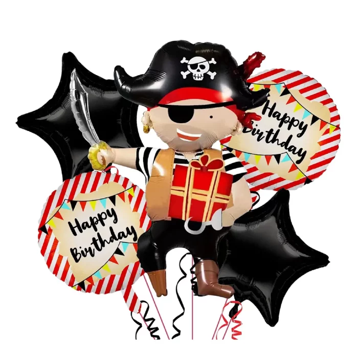 Este kit contém 5 balões Mylar com um padrão de pirata divertido e único.Os balões são perfeitos para festas de aniversário