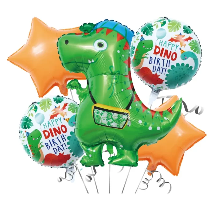 Este set oferece 6 peças de balões de mylar com design de dinossauro