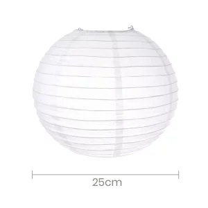 Lanterna de papel branca com 25cm de tamanho para adicionar elegância em qualquer celebração de aniversário.Pacote inclui uma lanterna de papel de alta qualidade e fácil montagem.Produto faz parte da categoria de decoração sustentável