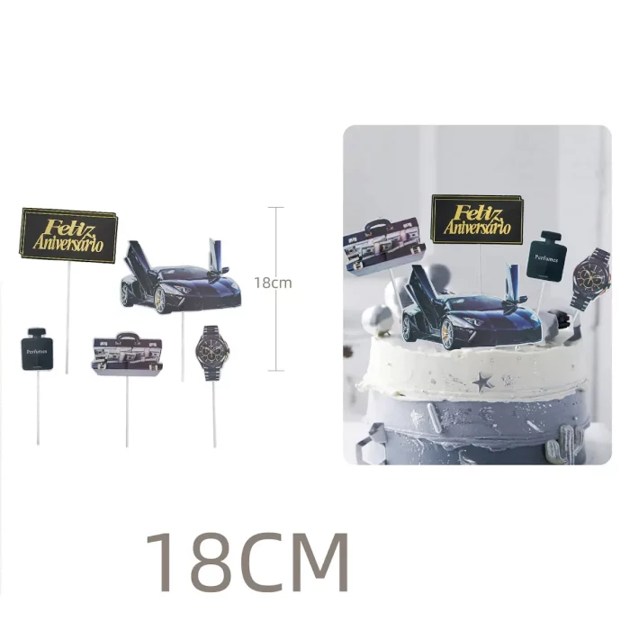 Pacote contém 5 topes de bolo com design de carros esportivos.Perfeito para ocasiões de aniversário.Tamanho de cada topo é de 18
