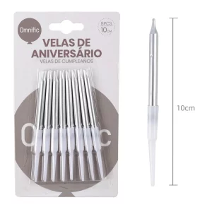 Conjunto de 6 elegantes velas de aniversário prateadas.Cada vela mede 10 cm