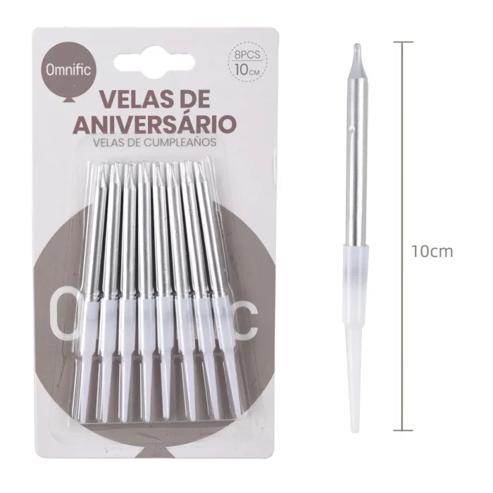 Conjunto de 6 elegantes velas de aniversário prateadas.Cada vela mede 10 cm