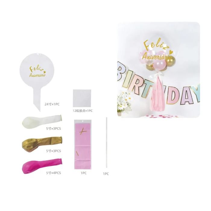 O kit contém 11 balões rosa brilhantes perfeitamente adequados para qualquer tipo de celebração de aniversário.Design único com a palavra 'Feliz Aniversário' estampada em cada balão.Duráveis e de alta qualidade