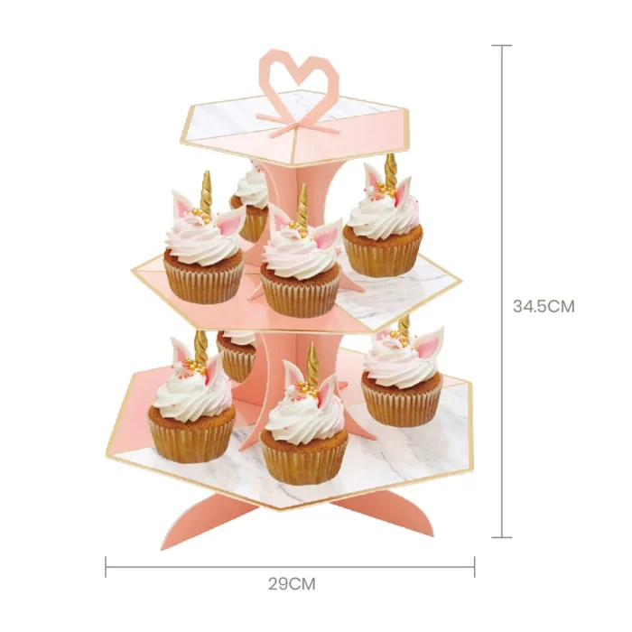 Deslumbrante suporte de cupcakes rosa de três camadas