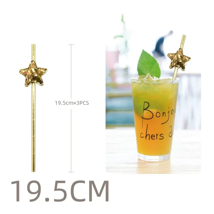 Palhinhas sofisticadas adornadas com cinco estrelas brilhantes para realçar o charme da sua festa;Pacote de 3 peças