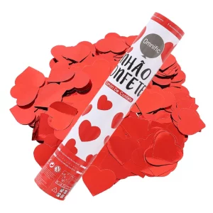 Celebre com estilo e alegria com nosso Canhão de Confetes Vermelho Coração de 30cm! Perfeito para festas