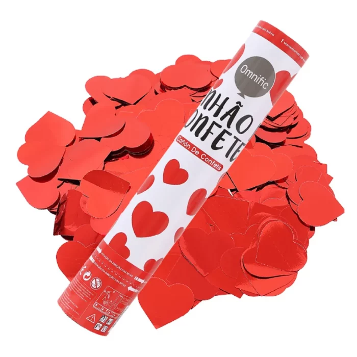 Celebre com estilo e alegria com nosso Canhão de Confetes Vermelho Coração de 30cm! Perfeito para festas