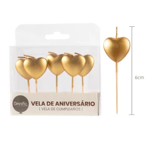 Conjunto de 5 Velas: Pacote econômico para decoração de festas com múltiplas peças.Velas Douradas de Coração: Design sofisticado e elegante
