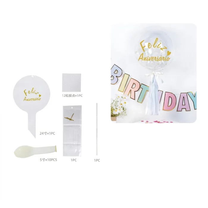 Pacote de 11 balões transparentes em forma de bolha perfeitos para celebrações de aniversário.Estampa com a palavra 'Feliz Aniversário' adicionando um toque festivo ao ambiente.Balões duráveis que manterão o ambiente comemorativo durante toda a festa. Kit festivo de balões bubble transparentes estampados com 'Feliz Aniversário'