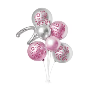 Este kit inclui 7 balões rosa prateado com suporte