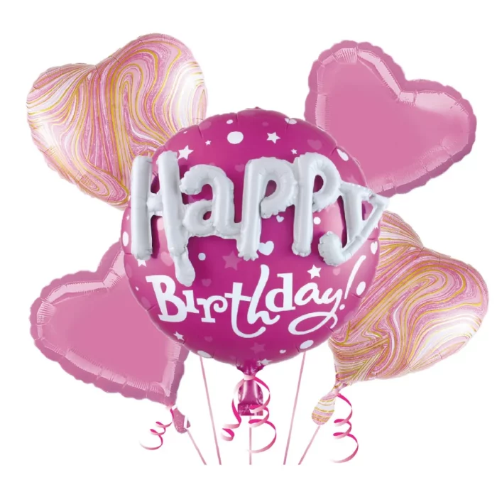 Este kit inclui 5 balões rosa de 22 polegadas.Balões caracteristicamente projetados com o padrão 'Happy Birthday'.Perfeito para celebrações e aniversários.Disponível em uma surpreendente cor rosa. Este é um kit de balões rosa 'Happy Birthday' de 22 polegadas