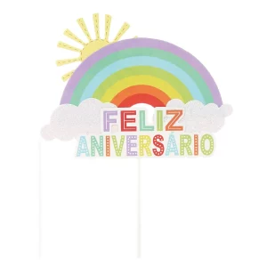 Este topo de bolo com a palavra 'Feliz Aniversário' é perfeito para adicionar um toque especial à sua comemoração. 2. Feito em cores vibrantes para se destacar e criar um ponto focal no topo do seu bolo.