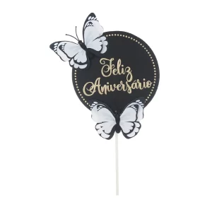 Design em renda preta com palavra 'Feliz Aniversário' em dourado pelo processo de gravação a quente