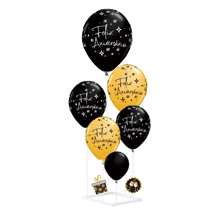 Renove a decoração da sua festa com este elegante kit de balões nas cores preto e dourado. Composto por 6 unidades e suportes