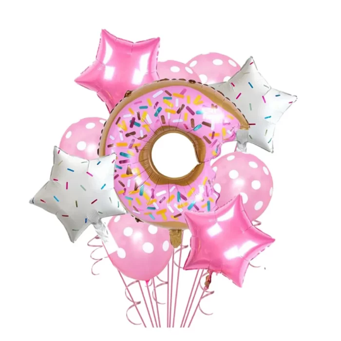 Este kit de balões em forma de donuts contém 10 peças
