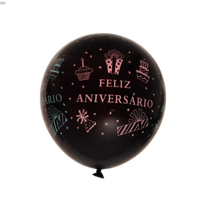 Balões de Aniversário Preto de alta qualidade perfeitos para qualquer festa com tema brilho.Cada pacote contém 5 balões decorados com a palavra 'Feliz Aniversário'