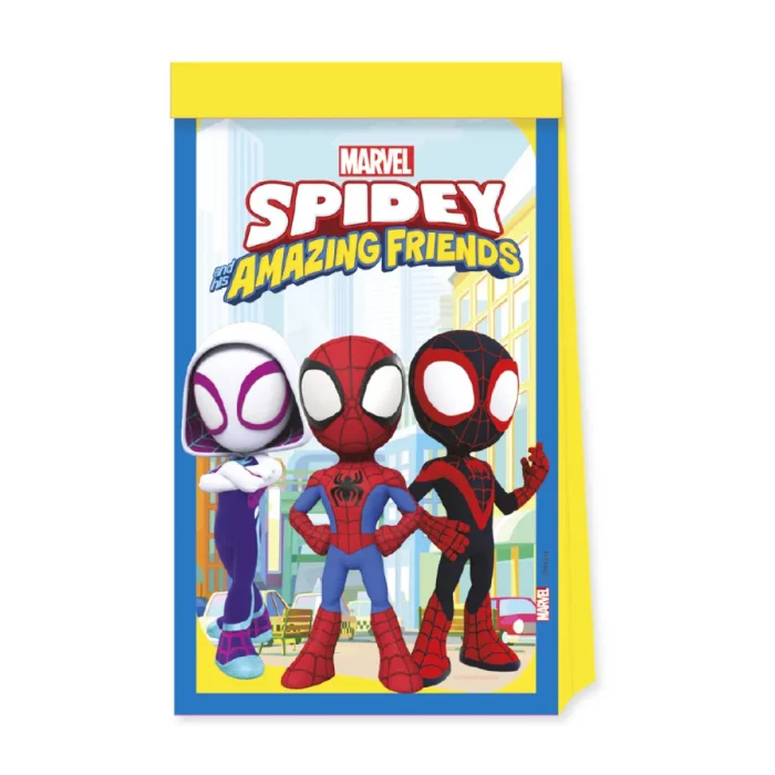 Leve para casa a diversão com este pacote de 4 sacos de papel inspirados no Homem-Aranha e seus incríveis amigos. Perfeitos para festas temáticas