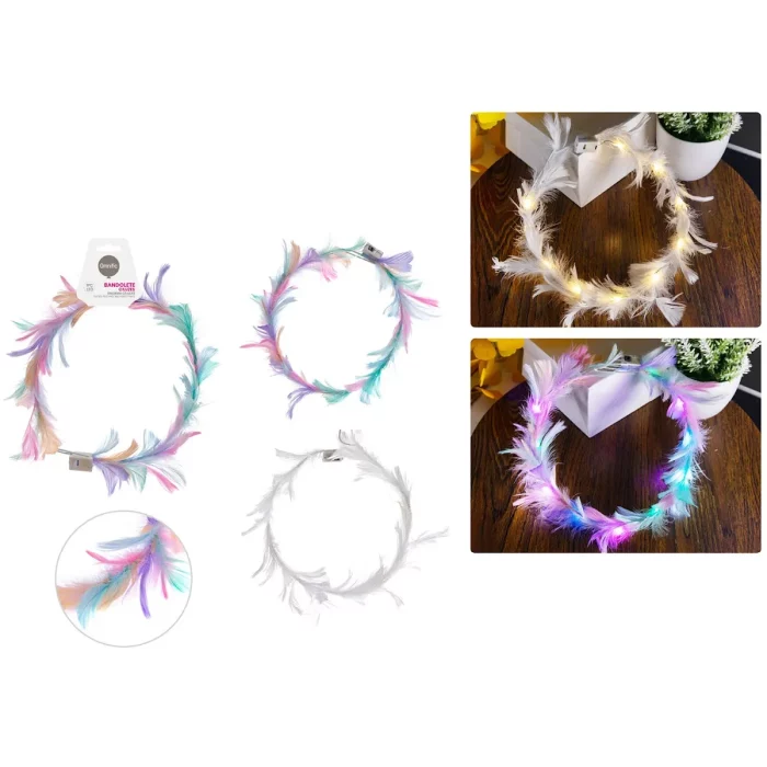 Bandolete ornada com plumas suaves e luzes LED cintilantes
