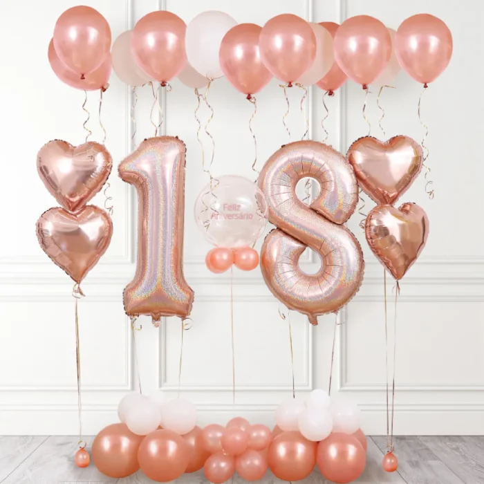 Faça sua festa de aniversário brilhar com nosso Kit de Balões 18 Anos Cor Rose Gold - uma escolha perfeita para comemorações.Este pacote contém 1 kit