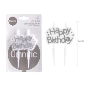Vela de aniversário prateada de alta qualidade.Design elegante com palavra 'Feliz Aniversário'.Tamanho ideal de 12.0cm perfeito para bolos de aniversário.Uma vela por pacote