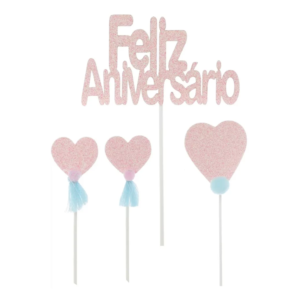 Conjunto de 4 topo de bolo exuberante e colorido perfeito para celebrações de aniversário.Apresenta uma atraente palavra 'Feliz Aniversário' como padrão.Ideal para incrementar bolos de aniversário e criar momentos memoráveis.A escolha perfeita para adicionar um toque especial e afetuoso a qualquer festa de aniversário. Um topo de bolo de aniversário colorido e divertido